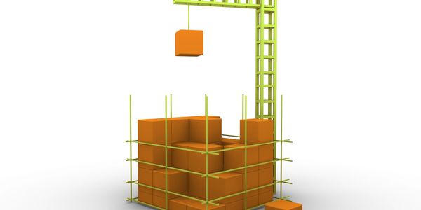 3D illustration of a crane building a structure with orange blocks and green scaffolding.
