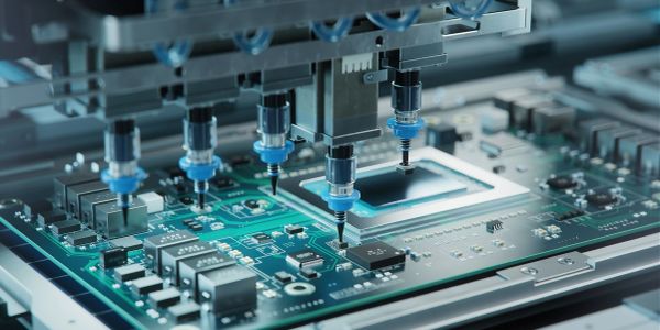 Automated machinery assembling a circuit board.