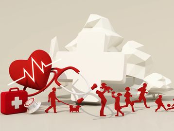 Red silhouettes of a family with health symbols on a beige backdrop.