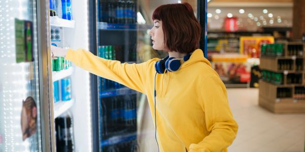 Woman in yellow hoodie picking a drink from a refrigerated shelf in a store.