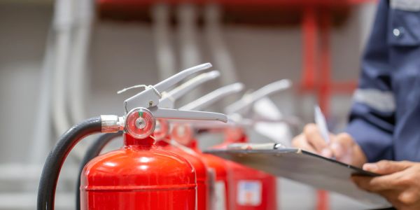Row of fire extinguishers with person inspecting.