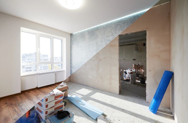 Comparison of old room with building tools and new renovated room. Photo collage of apartment before and after restoration. Concept of home renovation.