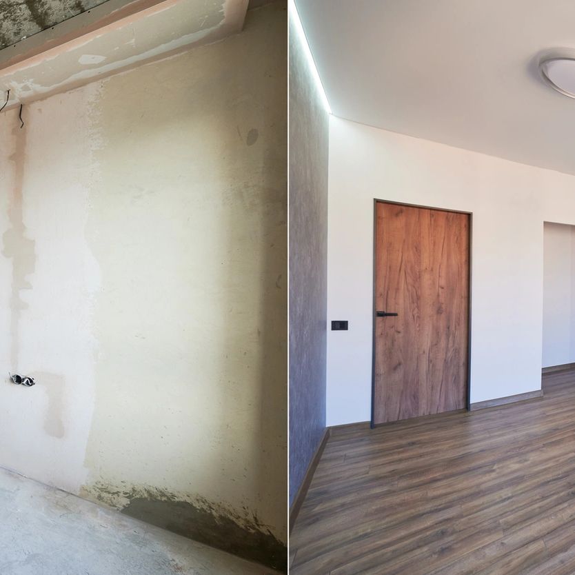 Before and after renovation of a room with updated flooring and lighting.