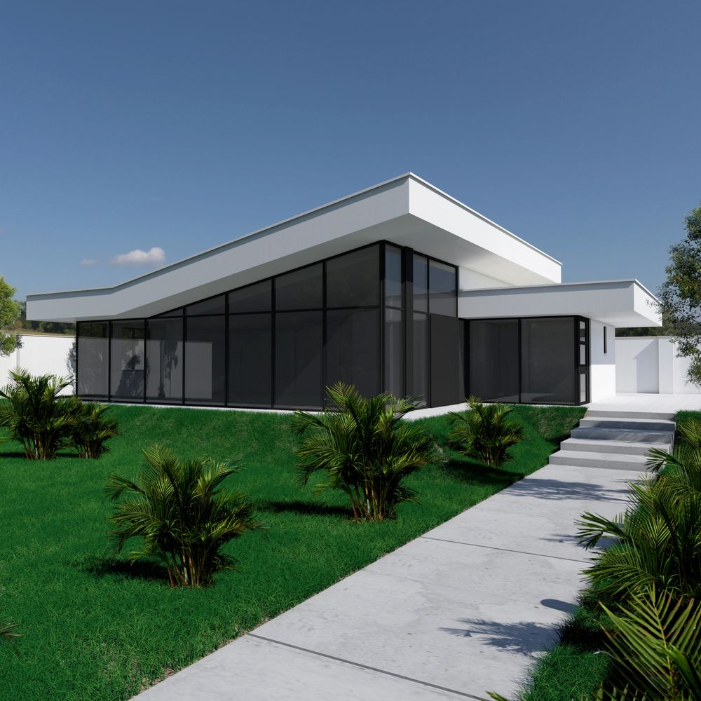 Modern white house with large glass windows and lush green landscaping.