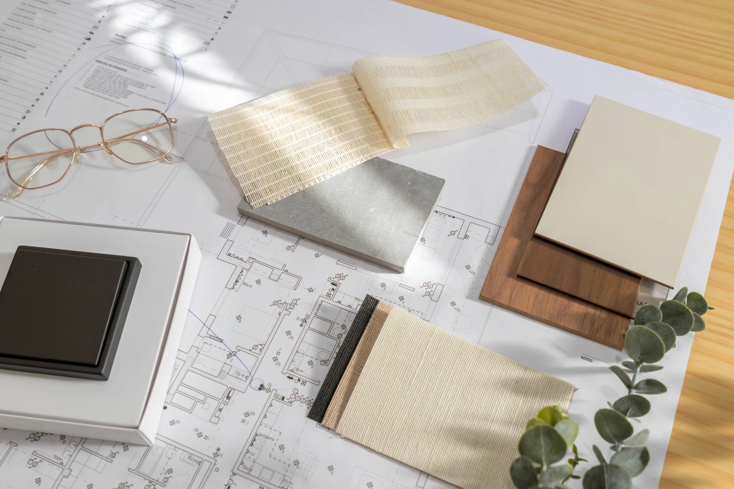 Interior Design material samples and blueprints