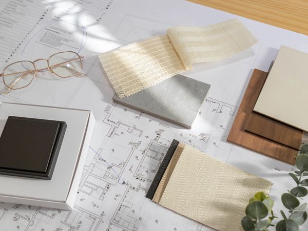 Interior design materials and blueprints on a wooden table with glasses.