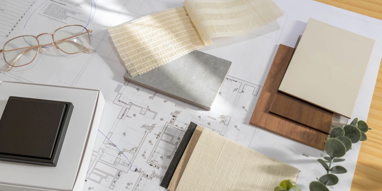Architectural plans with material swatches and glasses on a table.