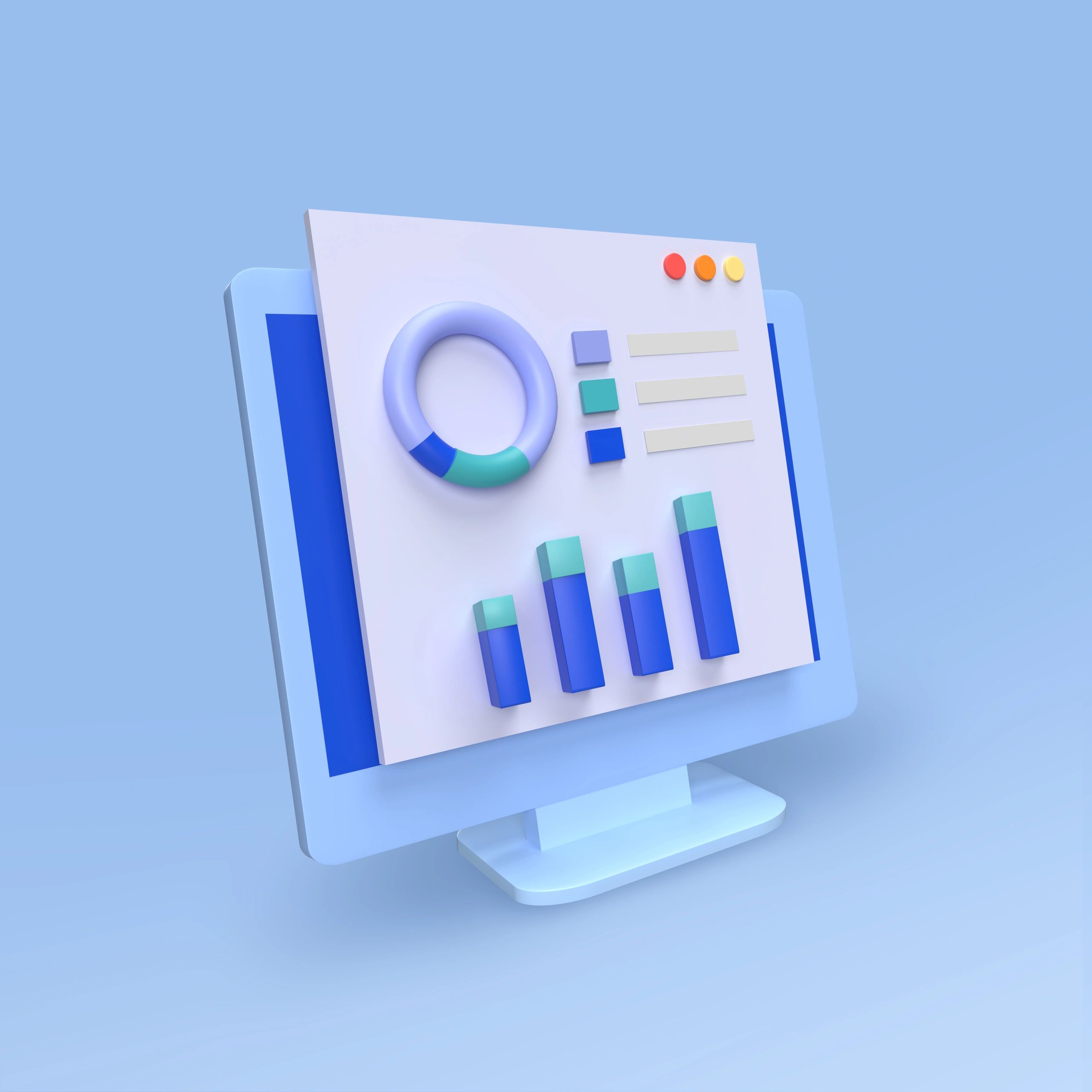 3D rendered computer screen showing colorful charts and graphs on a blue background.