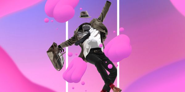 Invisible man in business attire floating amid pink abstract shapes.