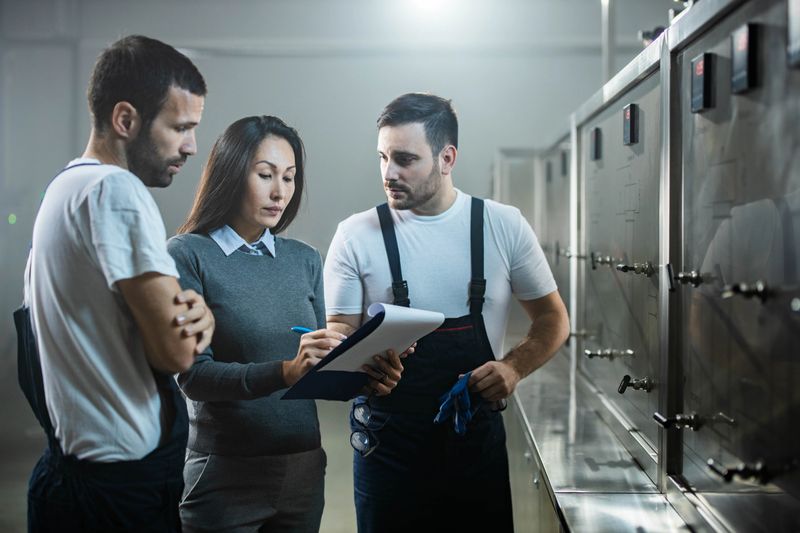 Manual workers going through paperwork with Asian female inspector in a factory. Focus is on woman.