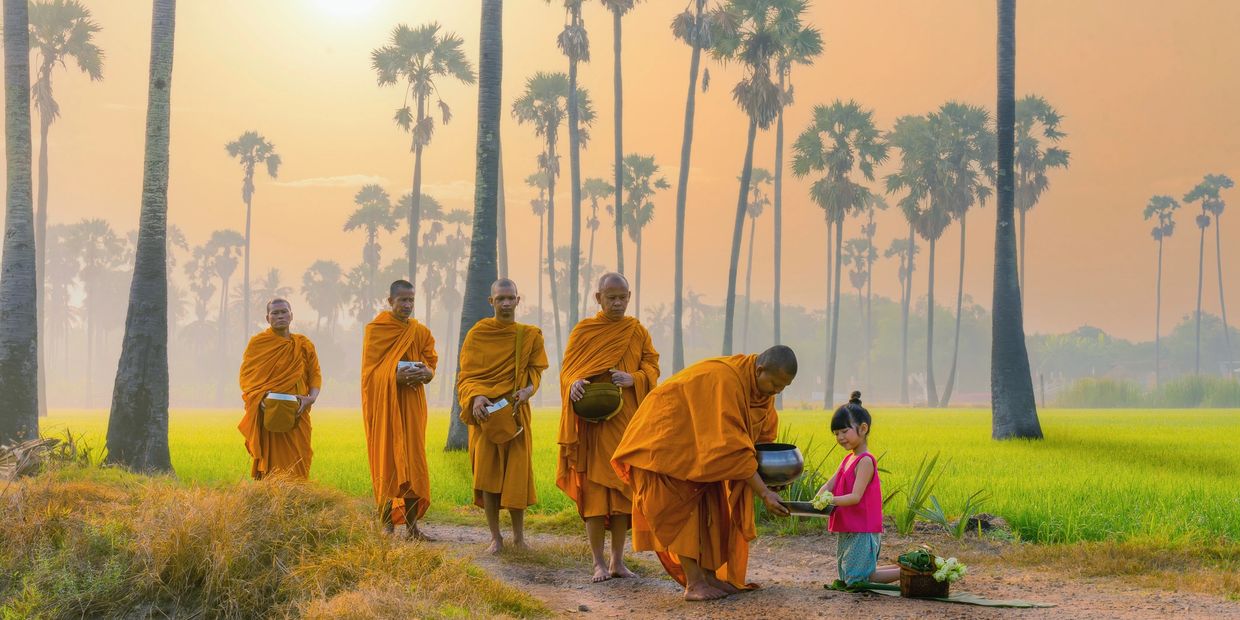 Young girl offering alms to Buddhist monks in a serene rural setting at sunrise.