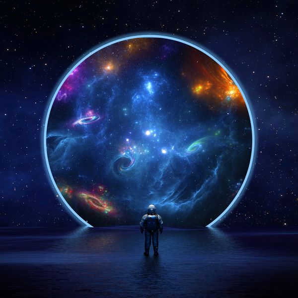 Astronaut facing a cosmic portal filled with galaxies.