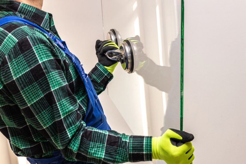 A glazier's worker holding a pane of thick glass in his hands with a special sucker