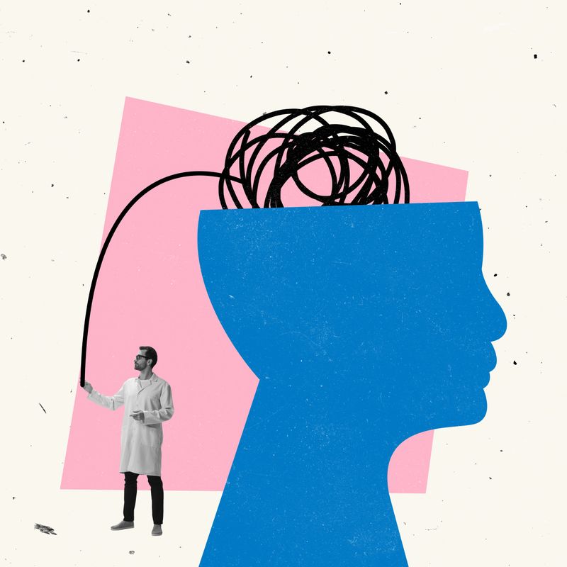 Contemporary art collage. Man, doctor, scientist standing near giant human head, working with mental issues. Psychiatrist. Concept of mdical assistance, treatment, mental treatment