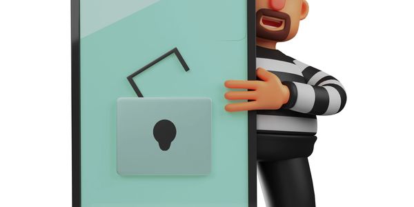 Cartoon burglar peeking from behind a giant smartphone with a lock symbol.