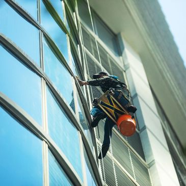 A window cleaner suspended, scrubbing a tall building's glass exterior on a sunny day.