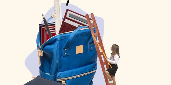 A woman climbs a ladder next to an oversized blue backpack filled with stationery.