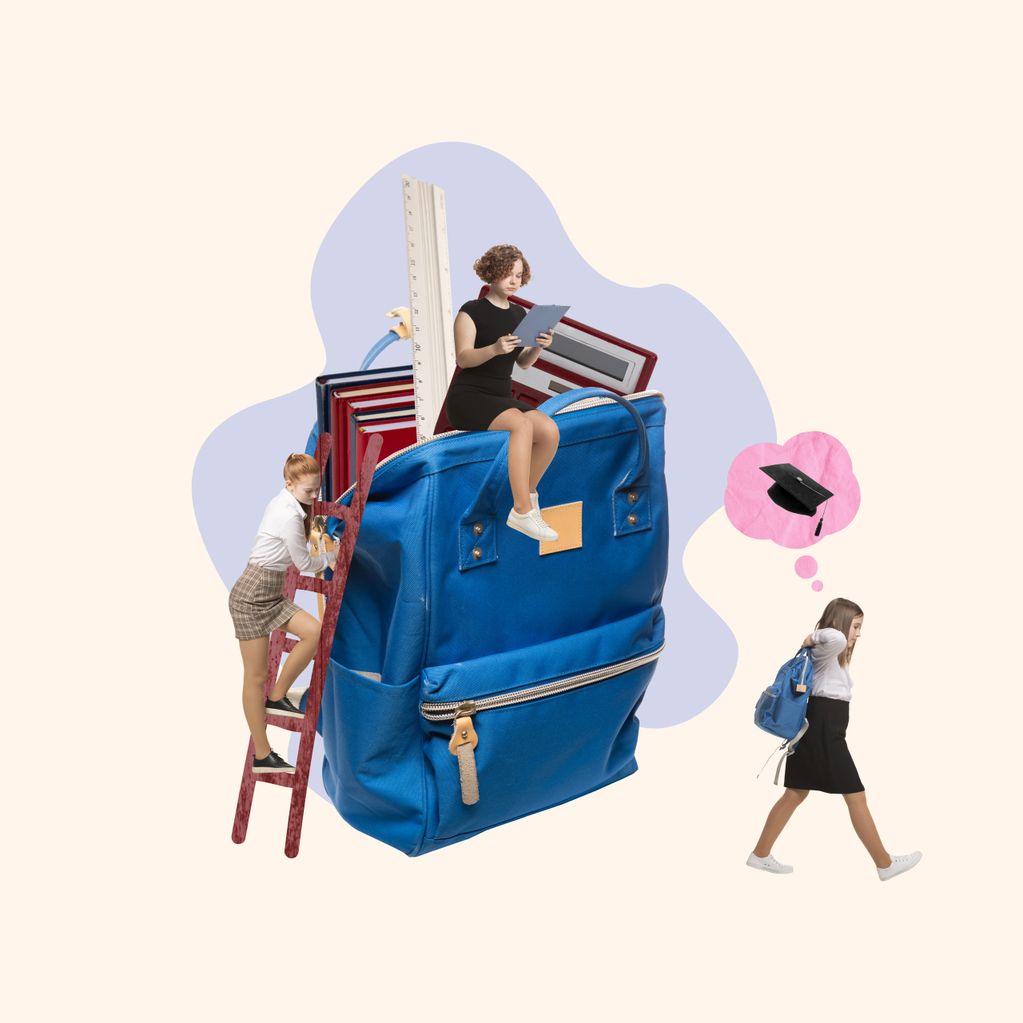 Miniature students interacting with a giant blue backpack filled with school supplies.