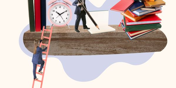Miniature businesspeople climbing a ladder to a wooden shelf with books and a clock.