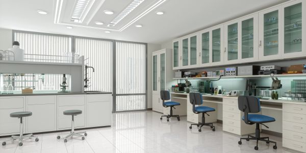 Modern, bright laboratory with multiple workstations and equipment.