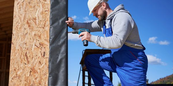 Construction worker in blue overalls using a drill on a wooden structure outdoors.
