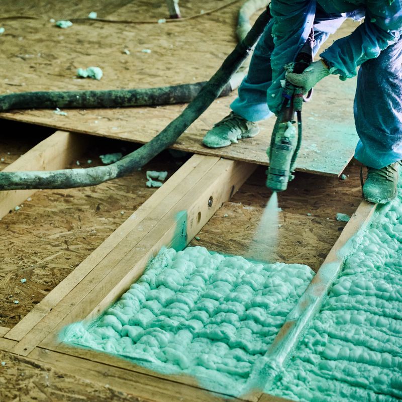 Male builder insulating wooden frame house. Cropped view of man worker spraying polyurethane foam on floor inside of future cottage, using plural component gun. Construction and insulation concept.