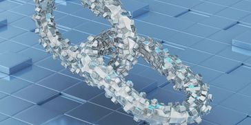 Futuristic linked rings with cube textures on a blue tiled surface.