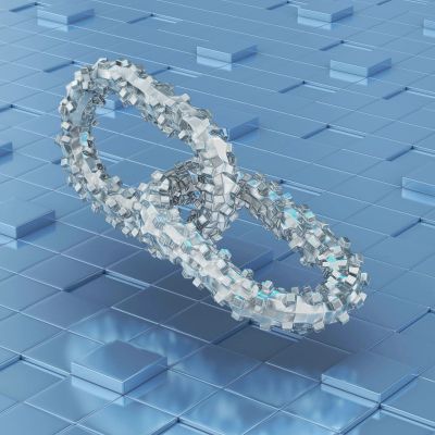 Interlocking translucent gear rings on a blue grid.