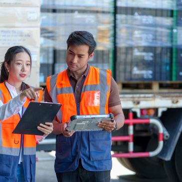 Workers in orange vests discussing work in a warehouse.