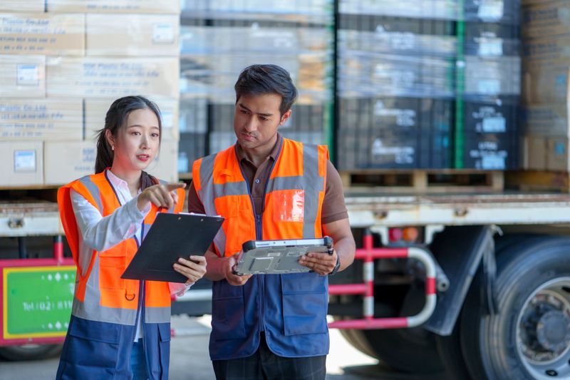 Warehouse workers discussing shipping schedule at the background forklift lifting the goods into the truck.