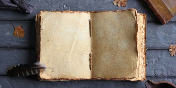 Stock photo of an old, open book with blank, aged pages.