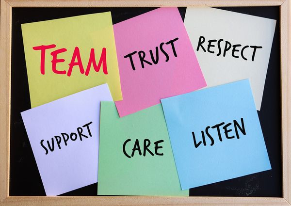 Colorful sticky notes with words promoting teamwork and communication.