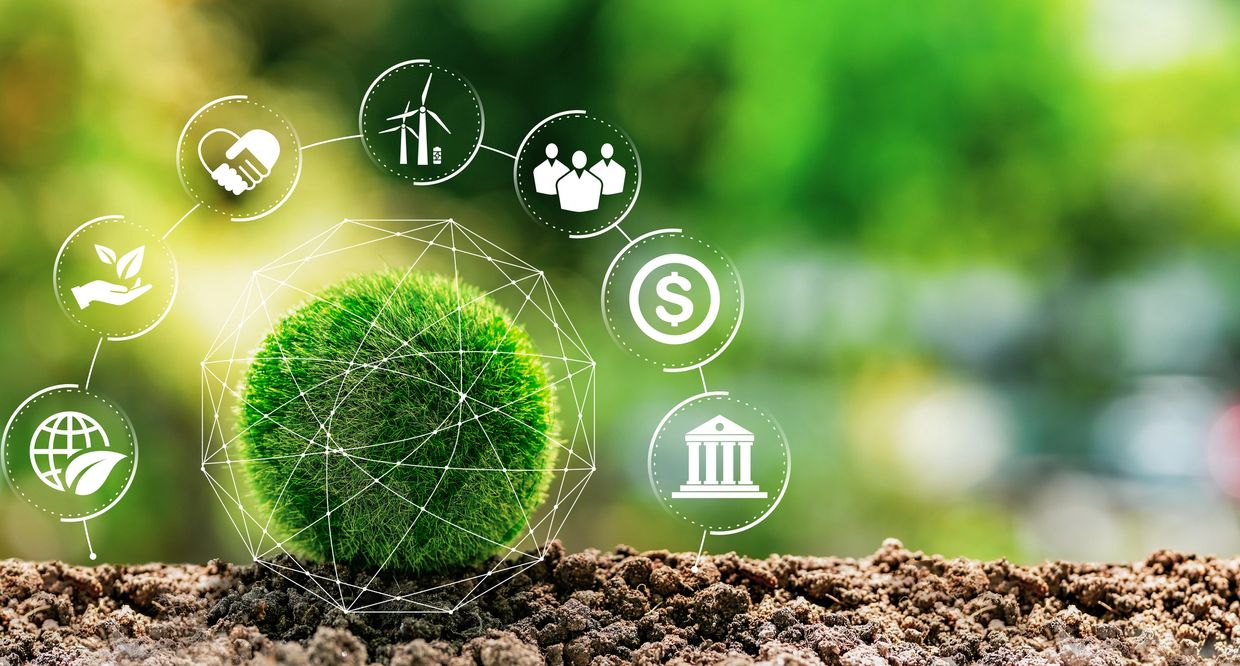 Green energy and sustainability icons surrounding a moss ball on soil.
