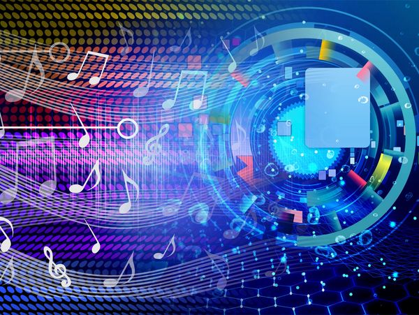 Abstract digital image blending musical notes and technology.