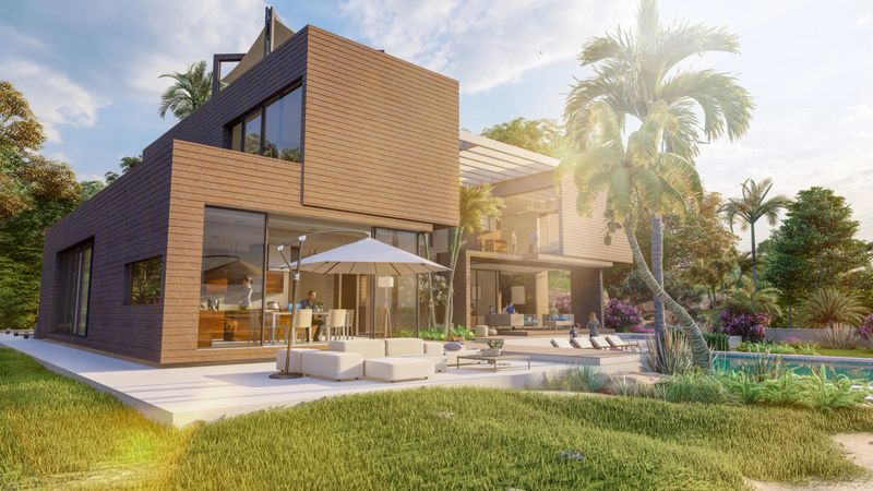 3D rendering of a big contemporary villa in wood and concrete with impressive garden and pool
