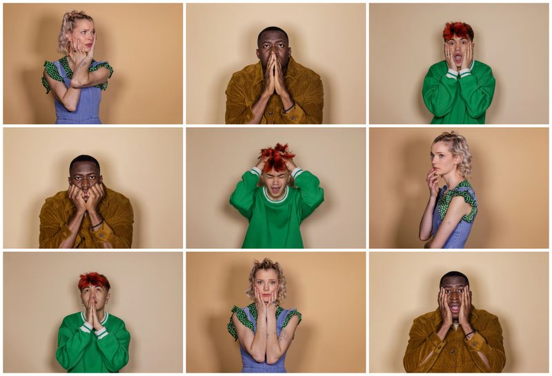 A 3x3 waist-up portrait image collage of a group of people expressing negative emotions and frustration, they are in a studio standing in front of cream backgrounds.
