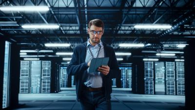 Man with tablet in a server room.
