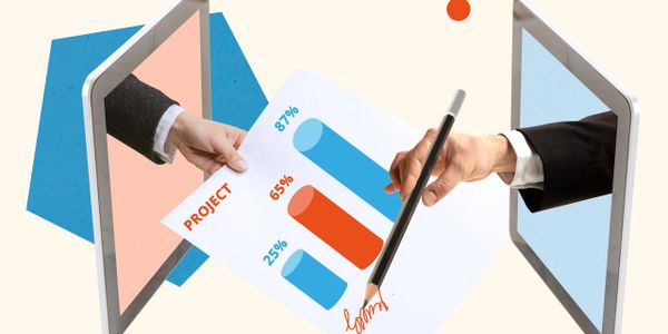 Hands exchange and sign a project document through digital tablet screens.