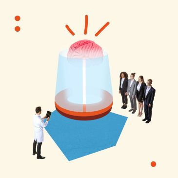 Scientists study a brain under a protective dome with a group observing.