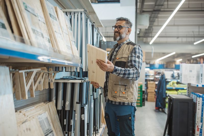 Carpenter Shopping in hardware store. He is looking for different type of working equipment.