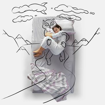 A woman sleeps on a bed with a cat illustration wrapping around her.