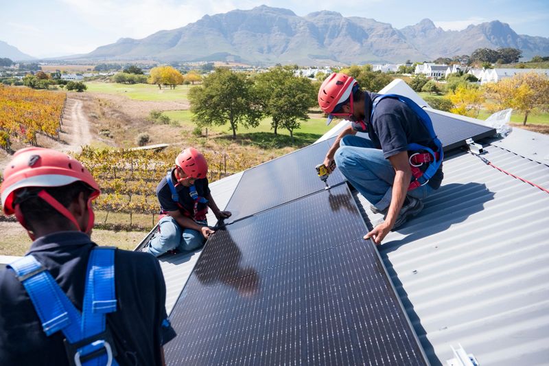 A team of workers install brackets for solar panels on the roof of a house in Cape Town, South Africa