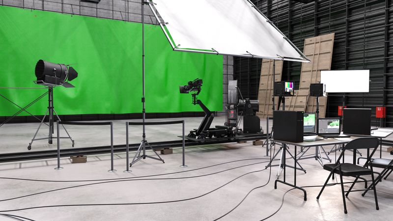 Digital render of a small green screen studio set