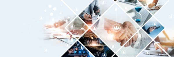Collage of business networking and digital technology concepts with handshake and digital icons.