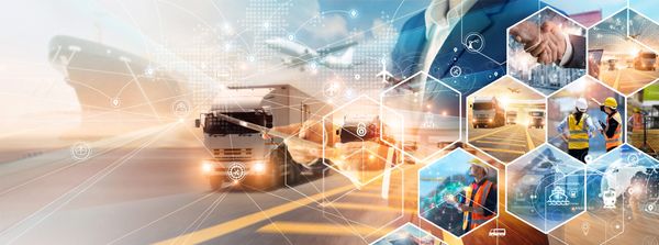 Logistics and transportation network with trucks, ships, and digital connectivity icons.