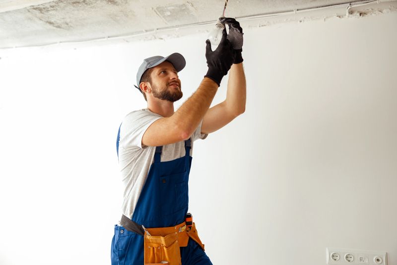 Focused electrician in uniform installing light fitting in new apartment, standing on a ladder. Manual work, maintenance, occupation concept