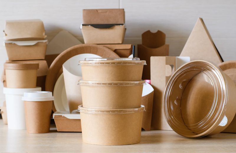 A set of round paper containers for food on the background of paper utensils and packaging. The concept of using dishes and packaging made from biodegradable environmentally friendly materials.