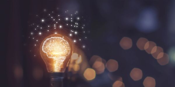 Light bulb with a brain illustration glowing inside.