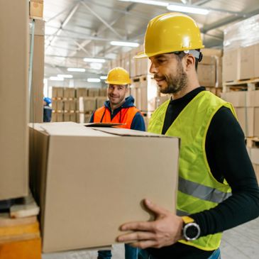 Two warehouse workers in safety gear handling large cardboard boxes.