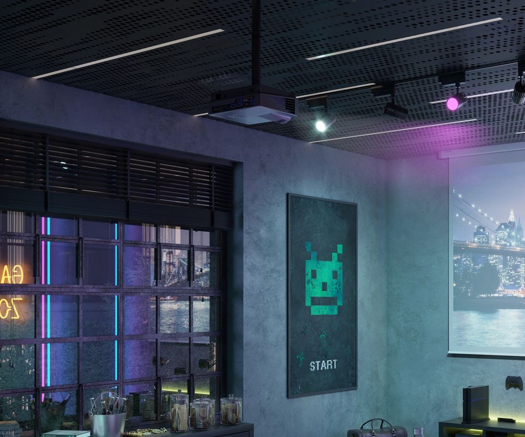 Modern gaming room with neon lights and video game decor.